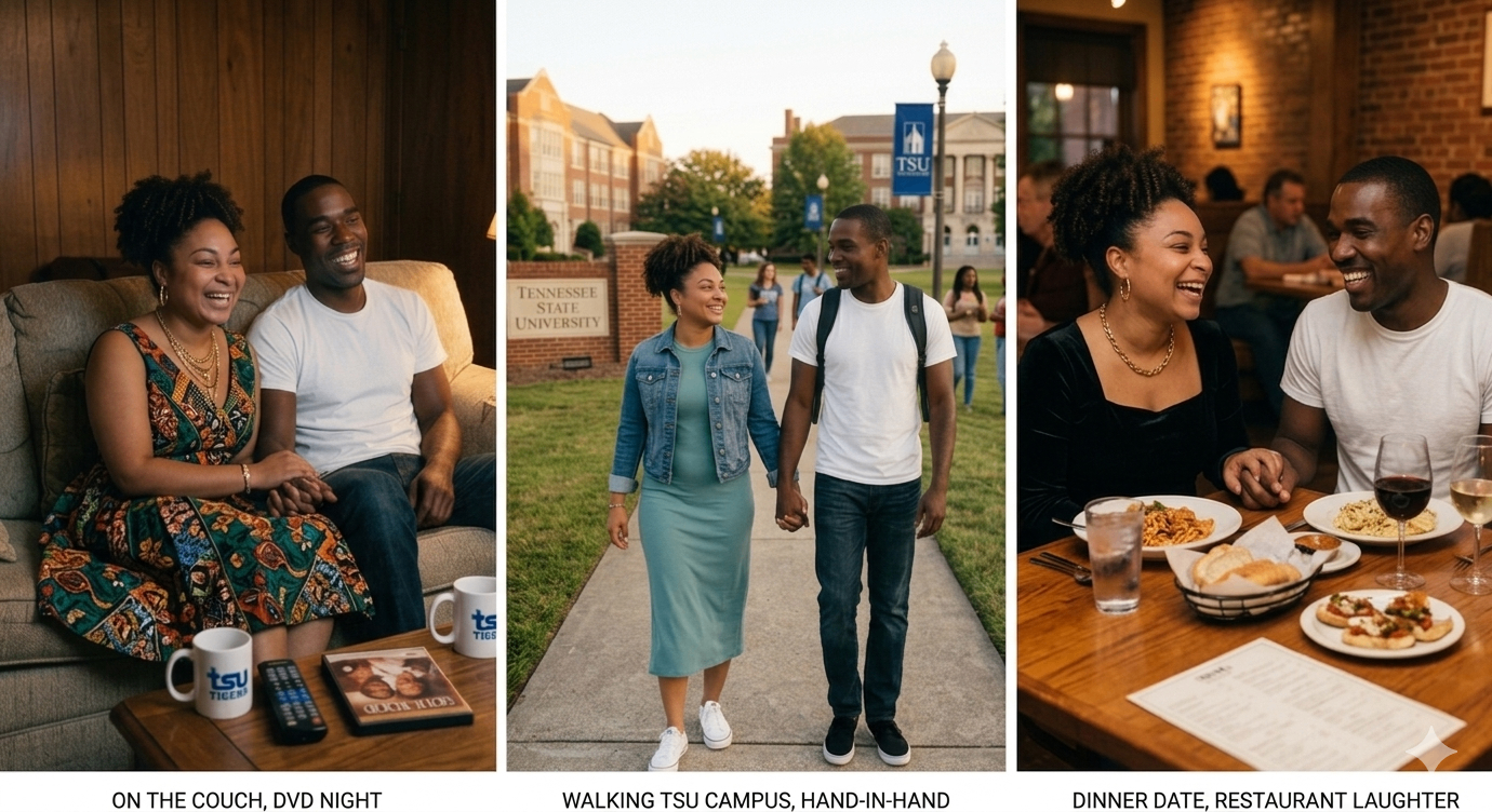 A month of Imani and Curry: the couch, the campus walkway, the dinner.