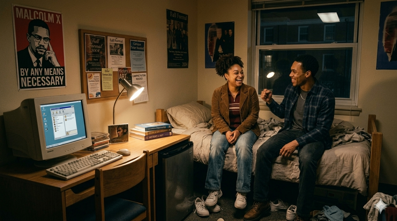 A 2004 dorm flashback — CRT computer, Usher Confessions on the desk, Fall Formal flyers on the wall.