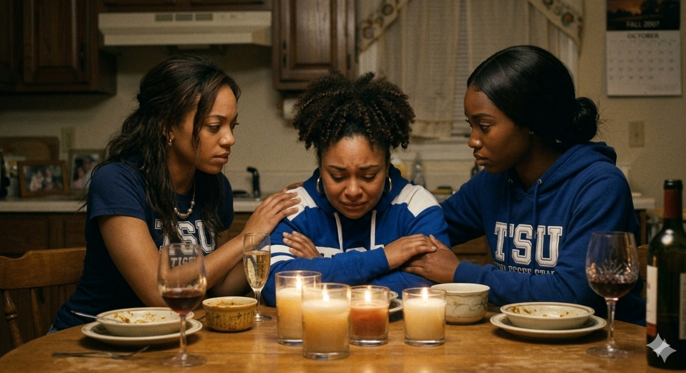 Three women around a candlelit dinner table