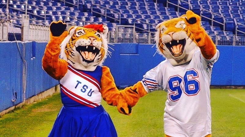 TSU Tigers mascots in royal blue at Nissan Stadium.